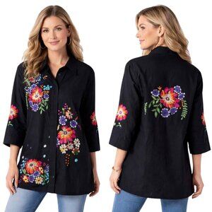 Coldwater Creek Vintage Black Floral Embroidered 3/4 Sleeve Tunic Blouse Size L
